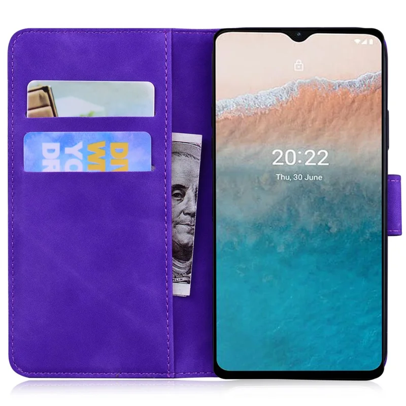 For Nokia C32 Anti-Scratch Stand Phone Cover Supporting Stand Shell Tiger Imprinted PU Leather Phone Case - Purple