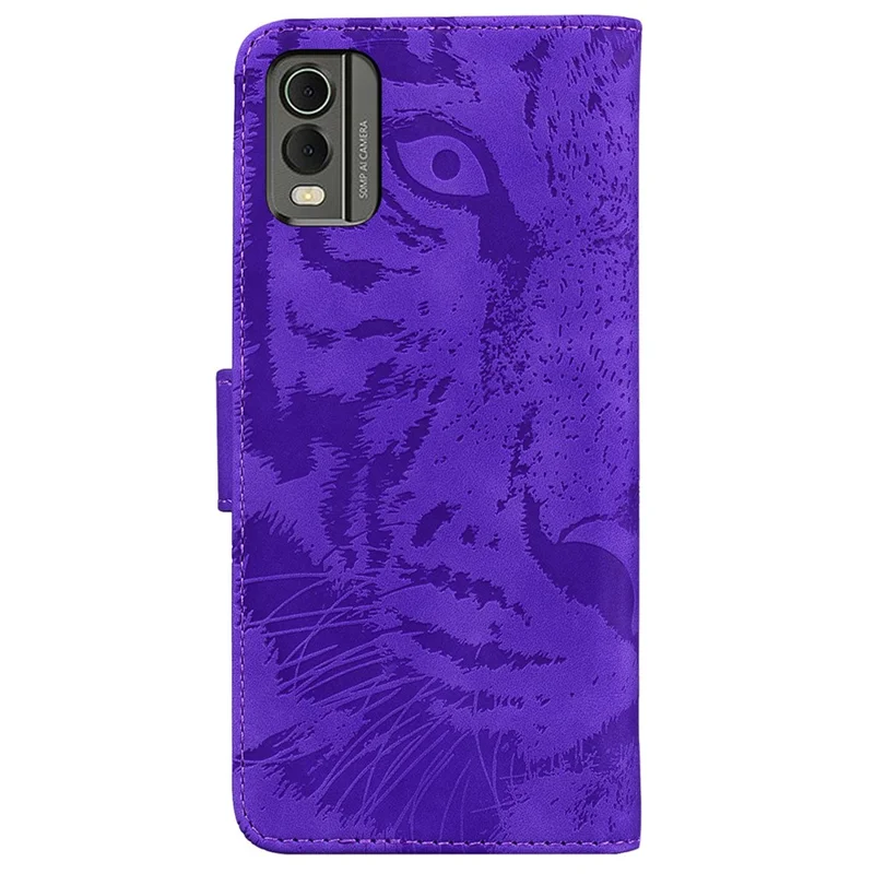 For Nokia C32 Anti-Scratch Stand Phone Cover Supporting Stand Shell Tiger Imprinted PU Leather Phone Case - Purple