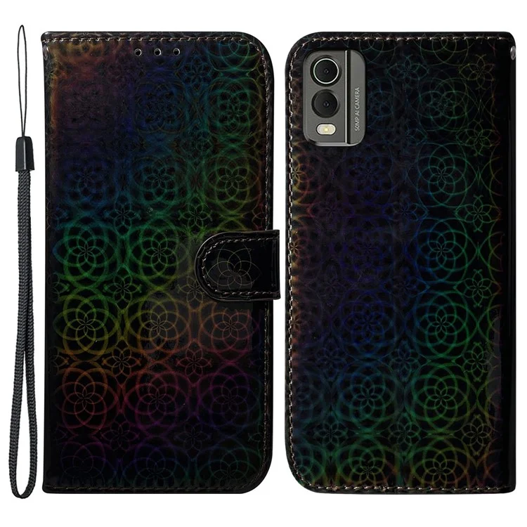 Para Nokia C32 PU Leather Wallet Flip Case Dazzling Flower Pattern Folding Stand Phone Cover - Preto