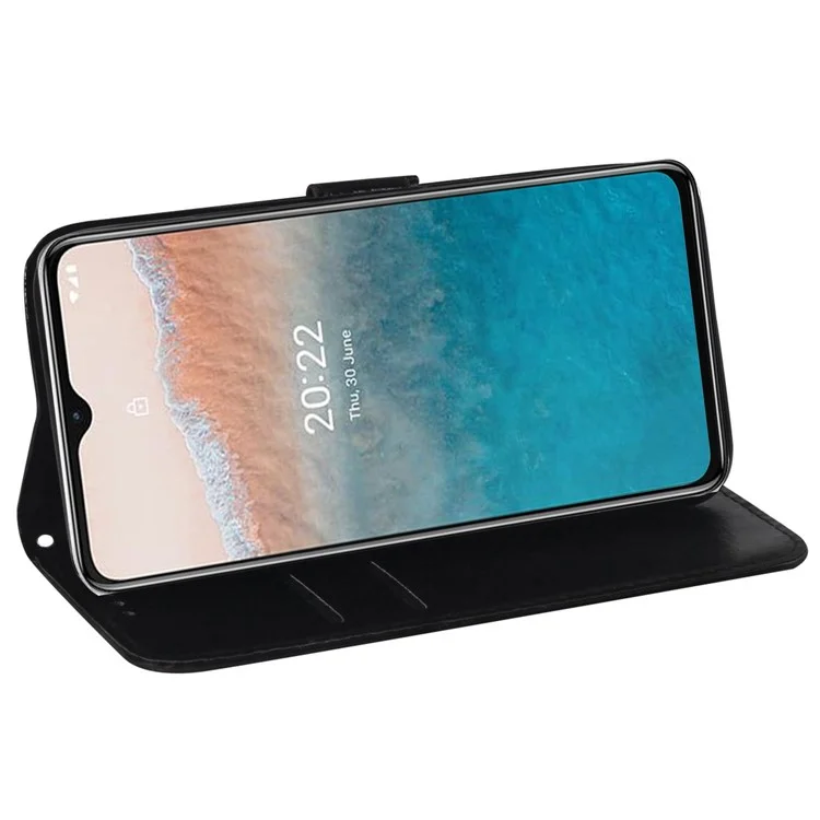 Para Nokia C32 PU Leather Wallet Flip Case Dazzling Flower Pattern Folding Stand Phone Cover - Preto