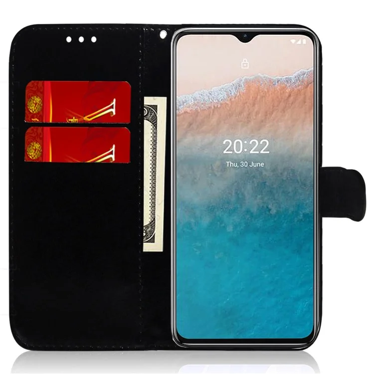 Para Nokia C32 PU Leather Wallet Flip Case Dazzling Flower Pattern Folding Stand Phone Cover - Preto