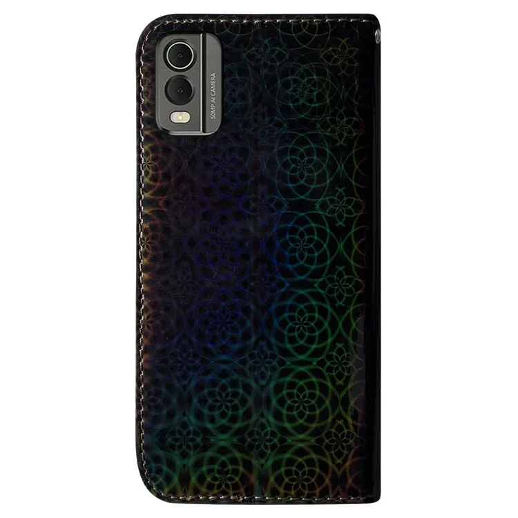 Para Nokia C32 PU Leather Wallet Flip Case Dazzling Flower Pattern Folding Stand Phone Cover - Preto