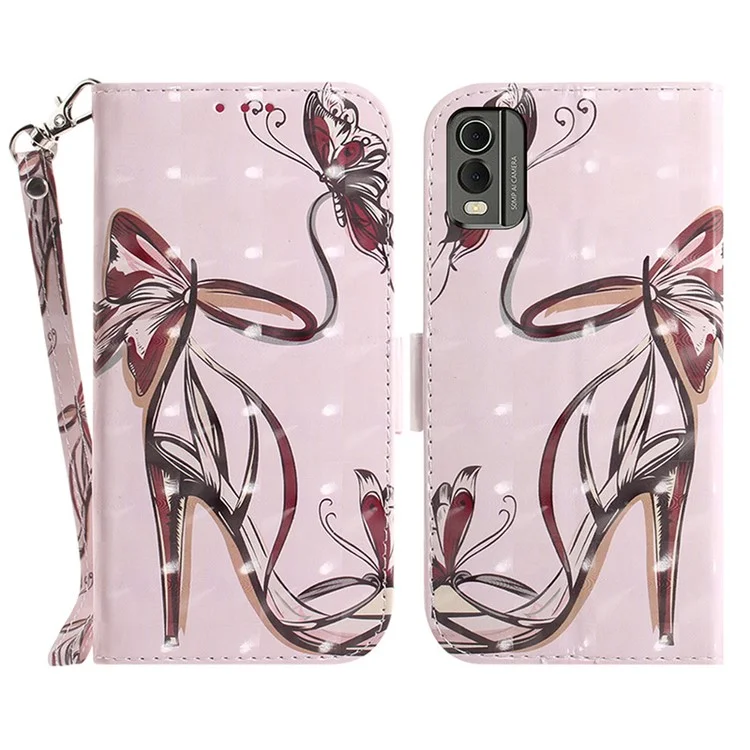 For Nokia C32 Pattern Design Folio Cover PU Leather Stand Wallet Phone Case with Strap - Butterfly High Heels