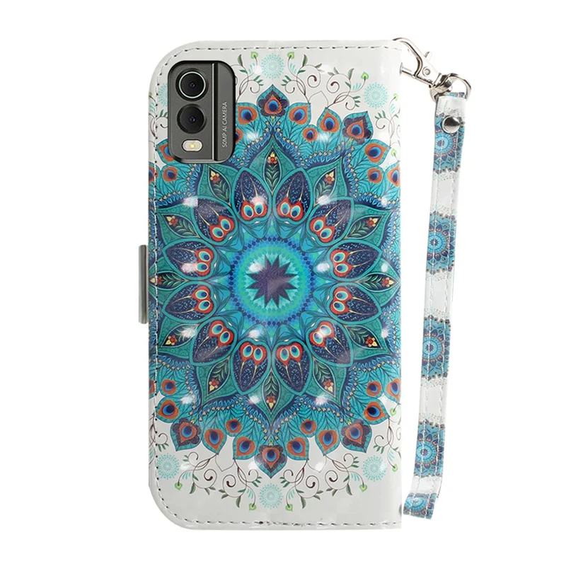 For Nokia C32 Pattern Design Folio Cover PU Leather Stand Wallet Phone Case with Strap - Peacock Wreath