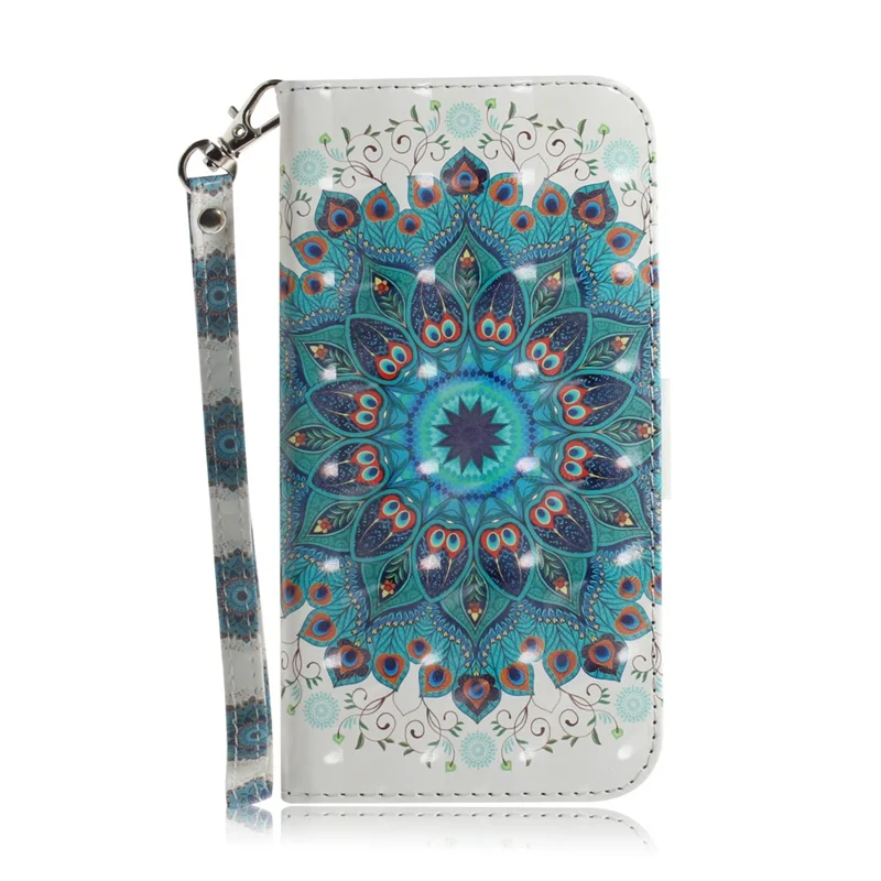 For Nokia C32 Pattern Design Folio Cover PU Leather Stand Wallet Phone Case with Strap - Peacock Wreath