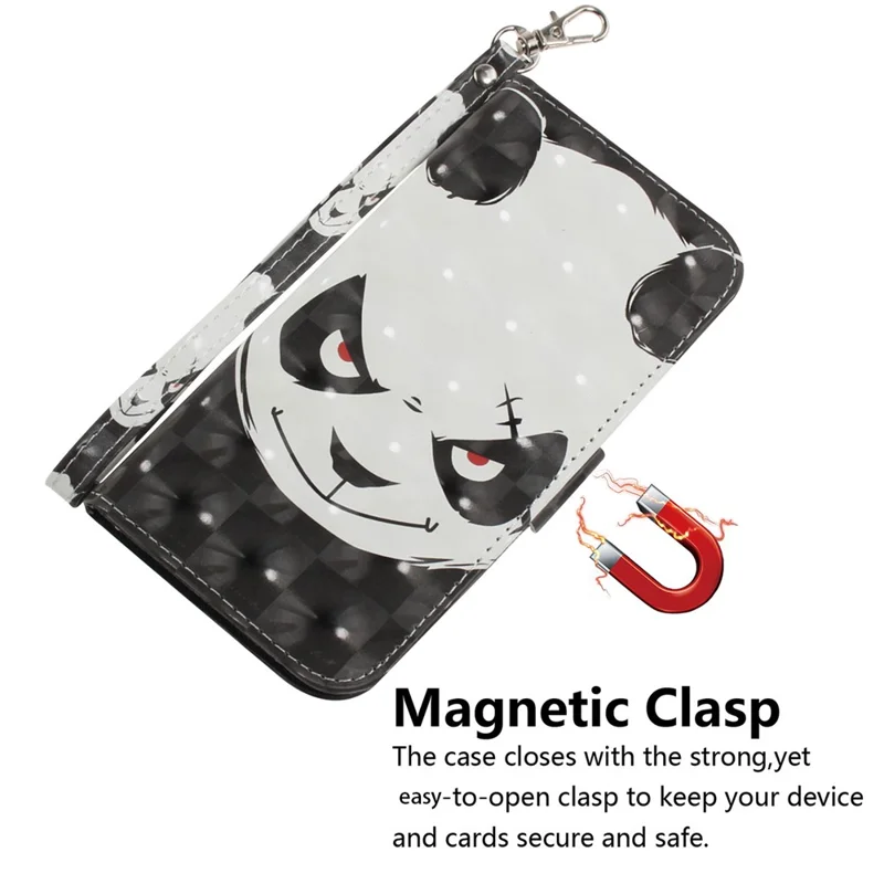 For Nokia C32 Pattern Design Folio Cover PU Leather Stand Wallet Phone Case with Strap - Angry Panda
