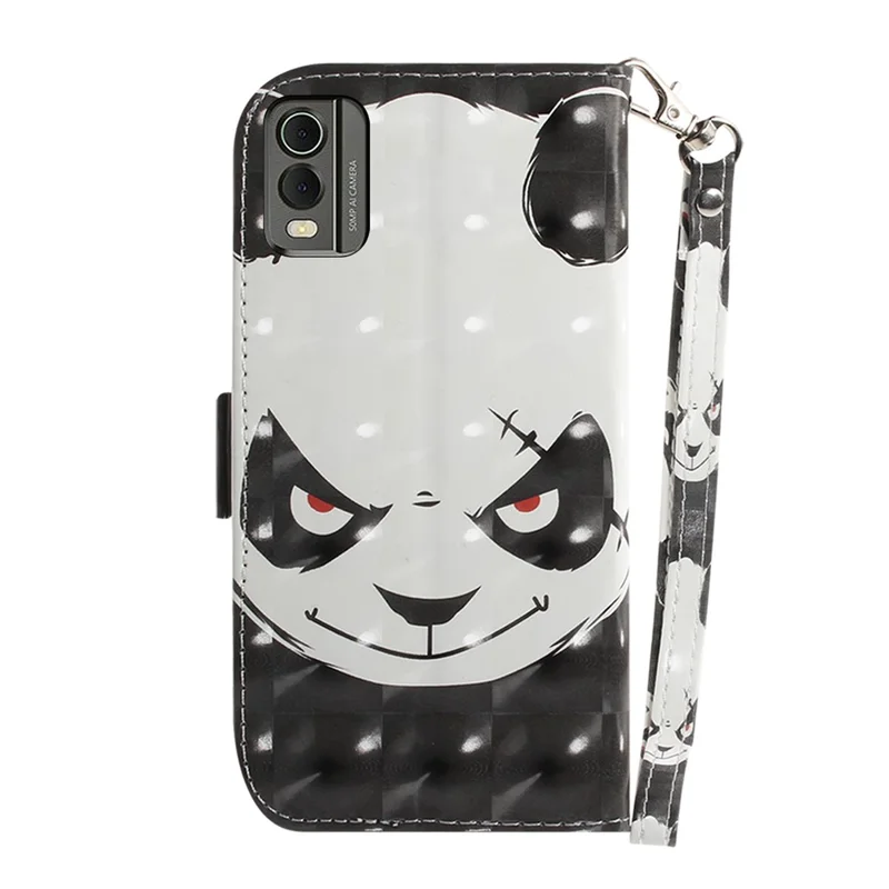 For Nokia C32 Pattern Design Folio Cover PU Leather Stand Wallet Phone Case with Strap - Angry Panda