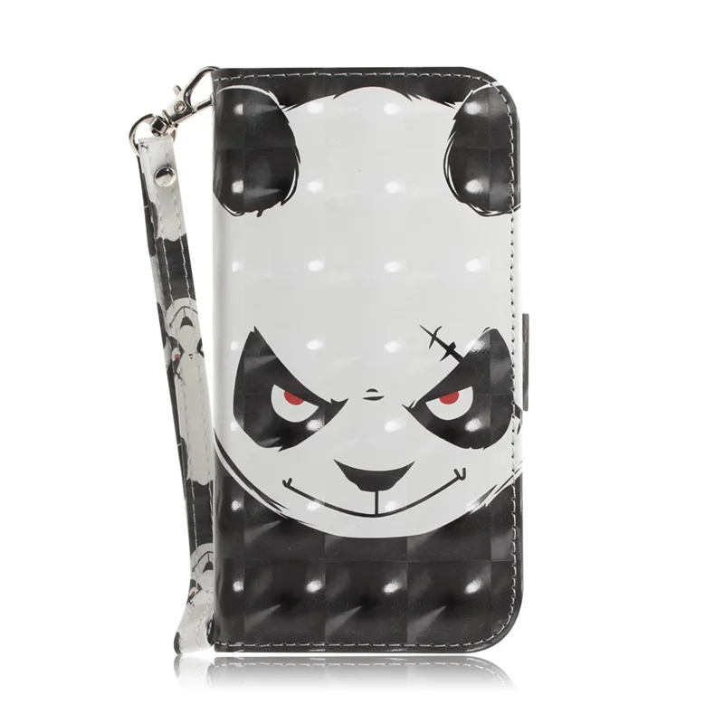 For Nokia C32 Pattern Design Folio Cover PU Leather Stand Wallet Phone Case with Strap - Angry Panda