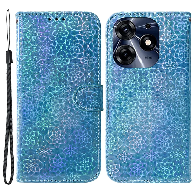 For TECNO Spark 10 Pro PU Leather Wallet Case Dazzling Flower Pattern Stand Protective Phone Cover - Blue