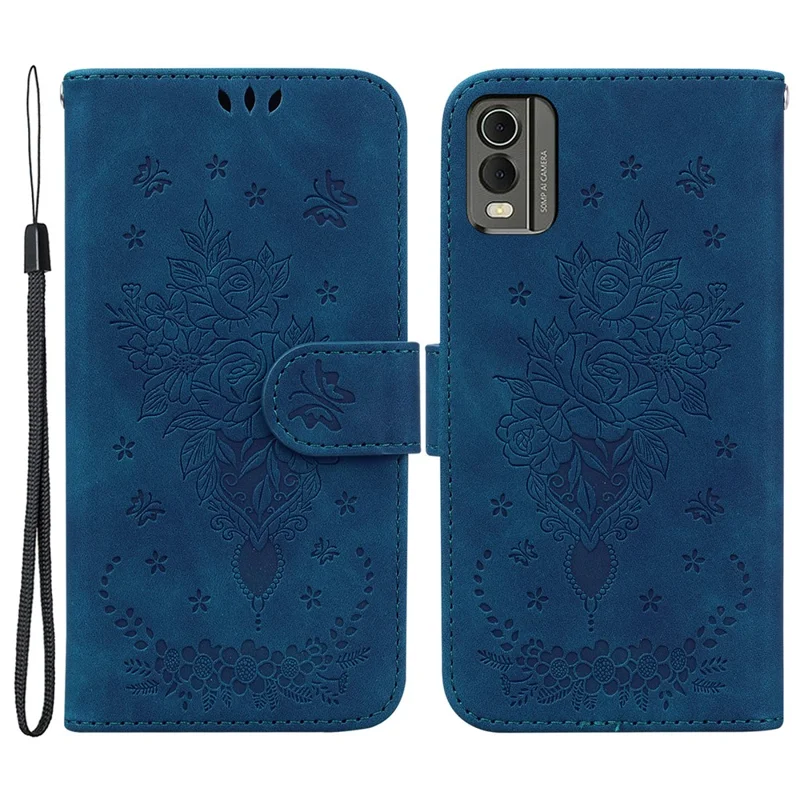 Stand Wallet Leather Case for Nokia C32 , Rose Butterfly Imprinted Full Protection Phone Cover - Blue