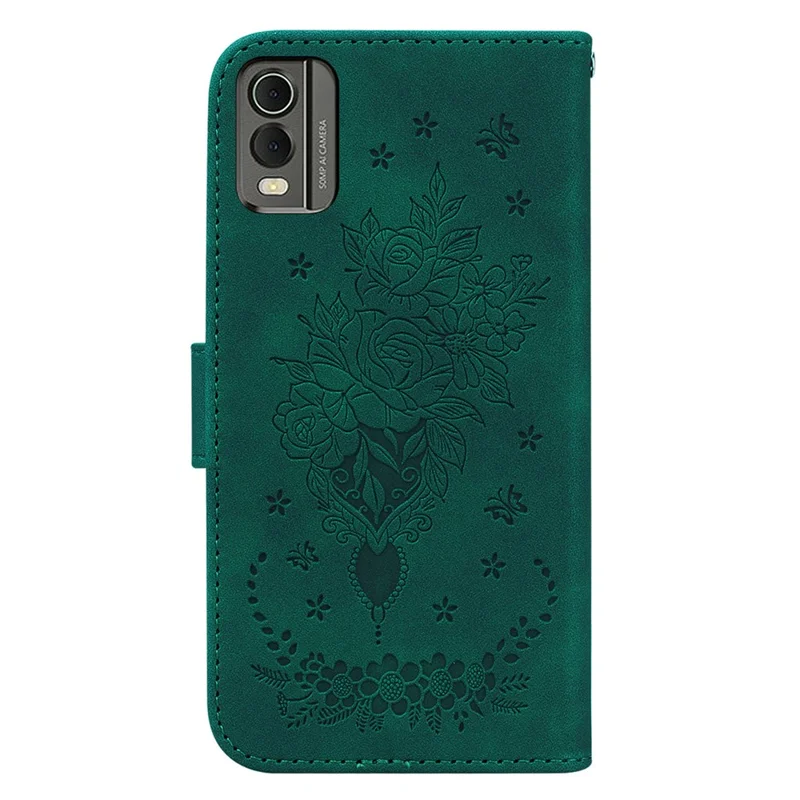 Stand Wallet Leather Case for Nokia C32 , Rose Butterfly Imprinted Full Protection Phone Cover - Green