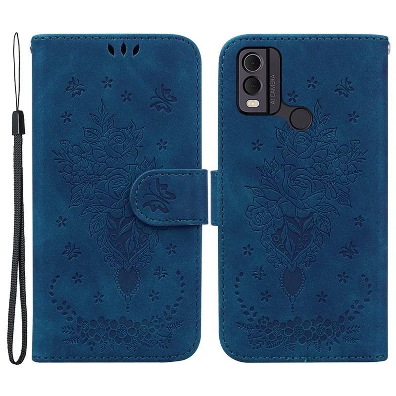 Leather Wallet Phone Case for Nokia C22 , Imprinted Rose Butterfly Protective Stand Cover - Blue
