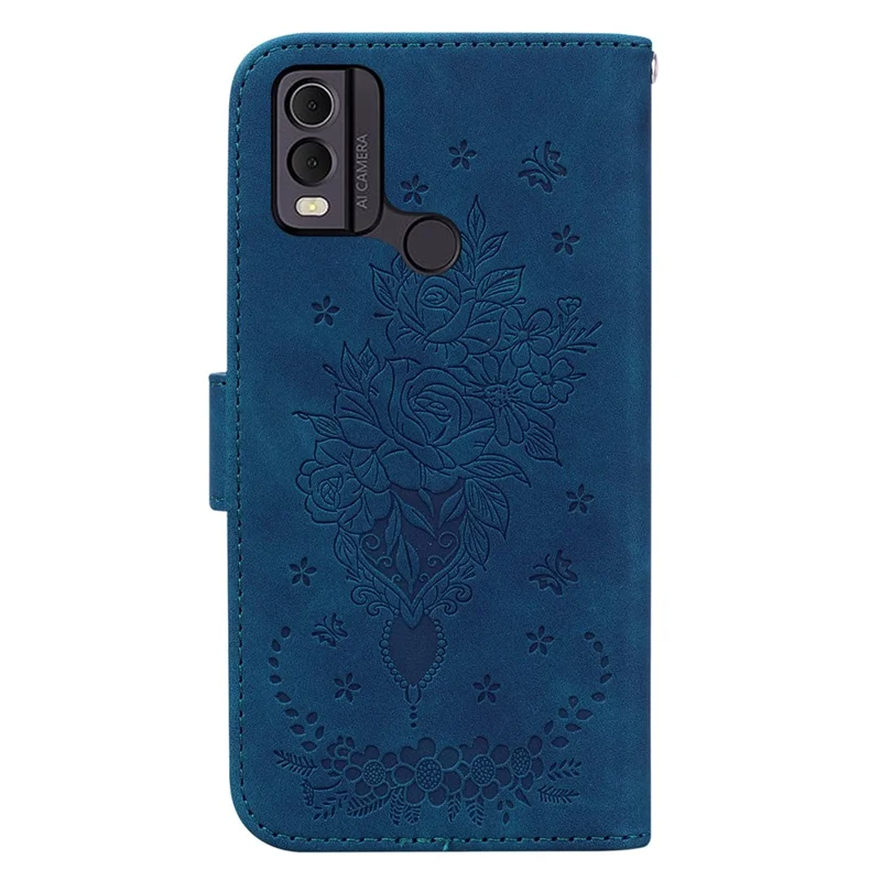 Leather Wallet Phone Case for Nokia C22 , Imprinted Rose Butterfly Protective Stand Cover - Blue
