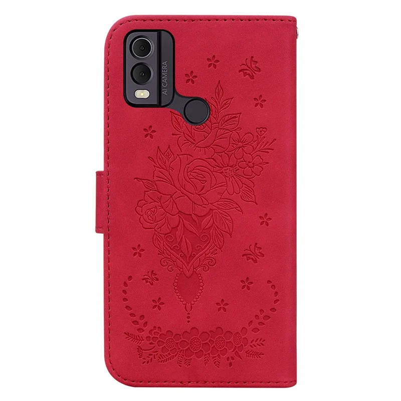Leather Wallet Phone Case for Nokia C22 , Imprinted Rose Butterfly Protective Stand Cover - Red