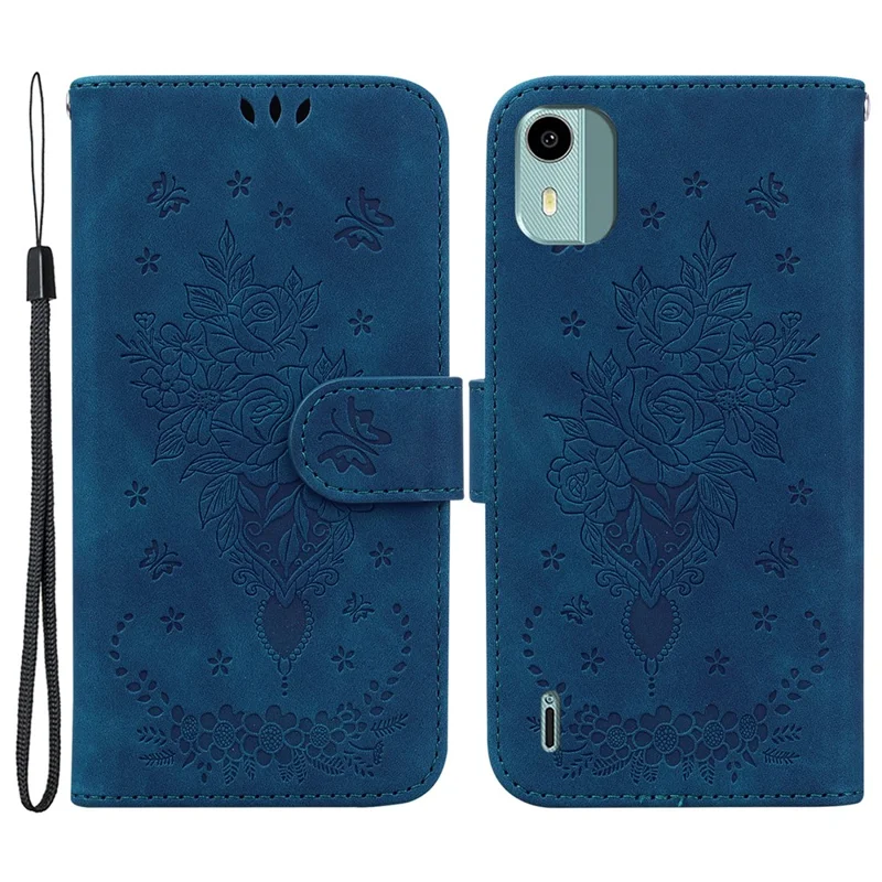 For Nokia C12 4G / C12 Plus / C12 Pro Phone Stand Case Rose Butterfly Imprinted PU Leather Wallet Shell - Blue