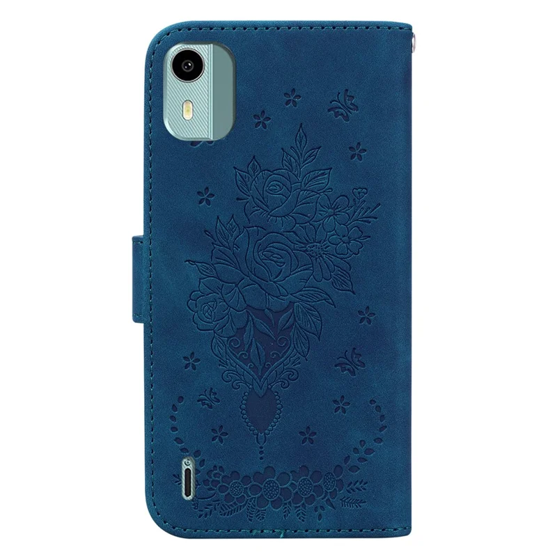 For Nokia C12 4G / C12 Plus / C12 Pro Phone Stand Case Rose Butterfly Imprinted PU Leather Wallet Shell - Blue