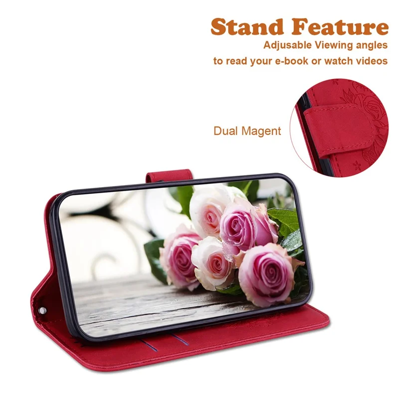 For Nokia C12 4G / C12 Plus / C12 Pro Phone Stand Case Rose Butterfly Imprinted PU Leather Wallet Shell - Red