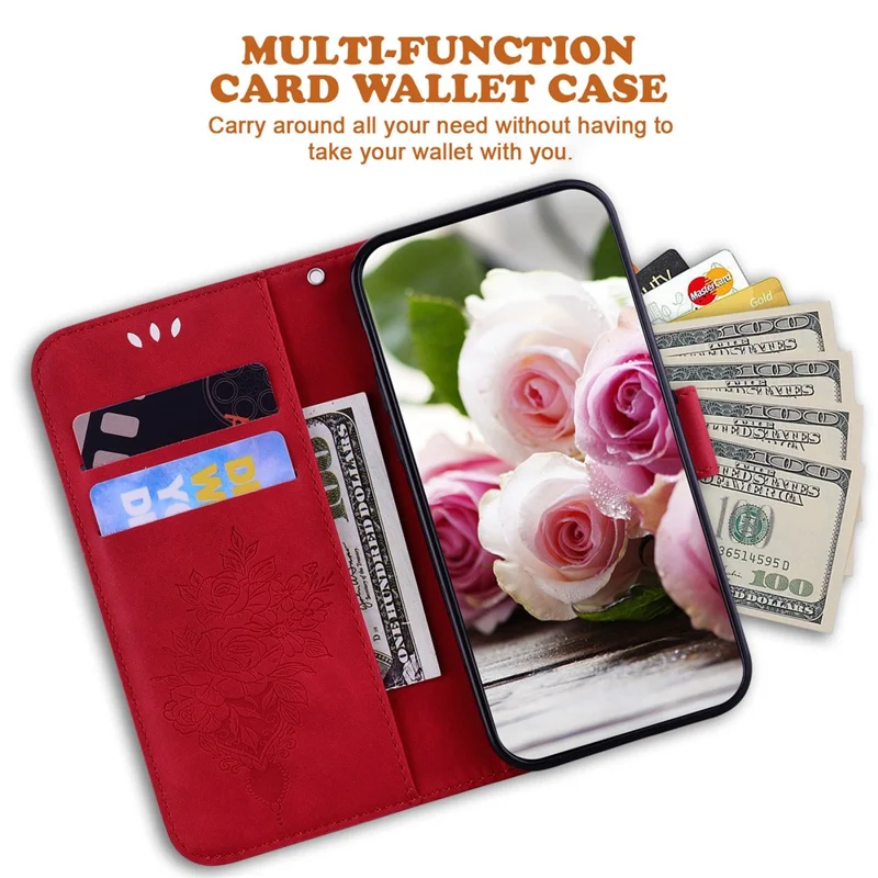 For Nokia C12 4G / C12 Plus / C12 Pro Phone Stand Case Rose Butterfly Imprinted PU Leather Wallet Shell - Red