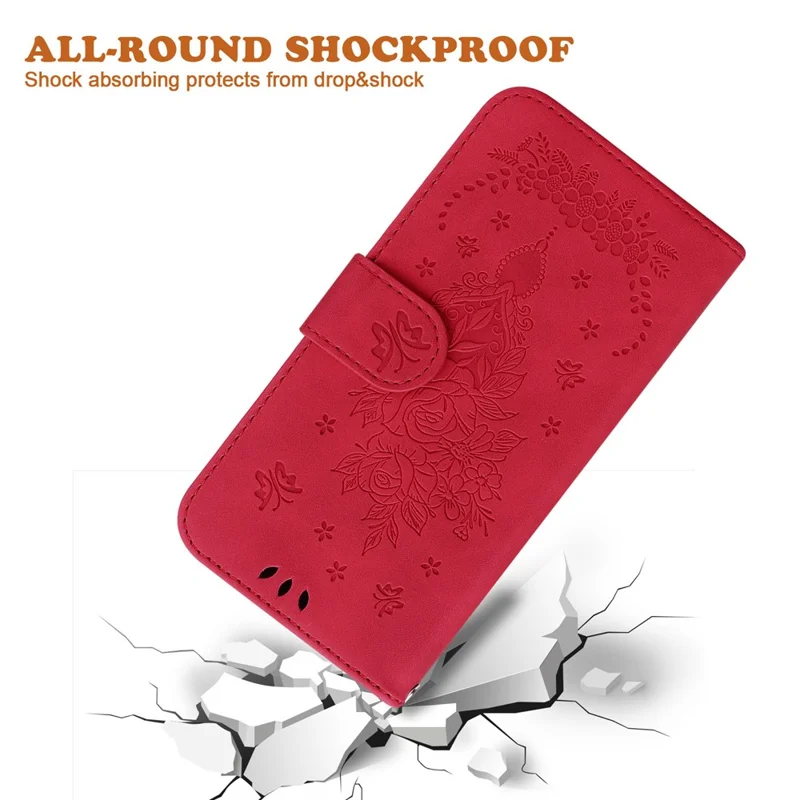 For Nokia C12 4G / C12 Plus / C12 Pro Phone Stand Case Rose Butterfly Imprinted PU Leather Wallet Shell - Red