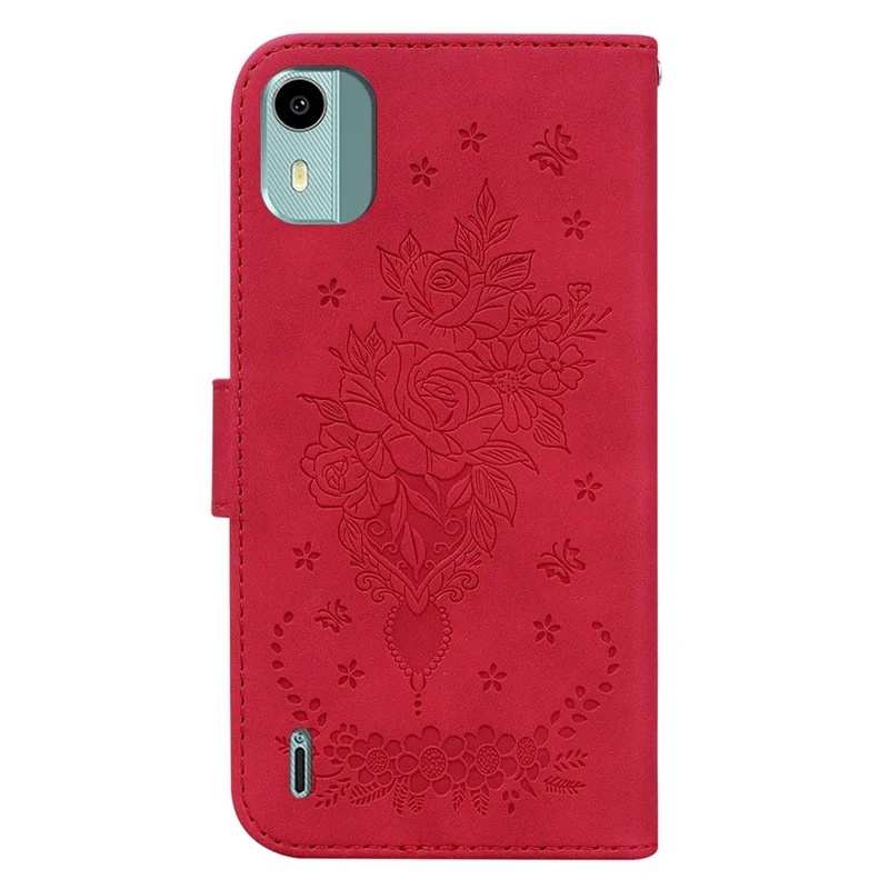 For Nokia C12 4G / C12 Plus / C12 Pro Phone Stand Case Rose Butterfly Imprinted PU Leather Wallet Shell - Red