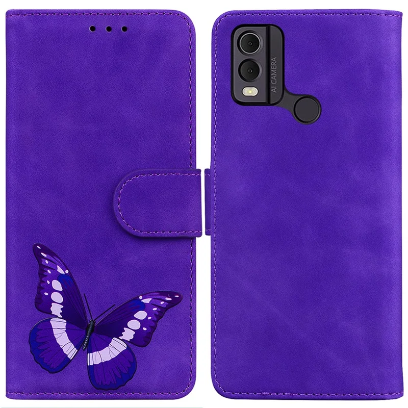 Skin-touch PU Leather Case for Nokia C22 Butterfly Printing Wallet Phone Stand Cover - Purple