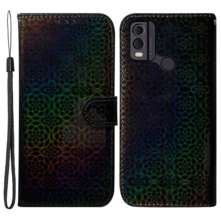 Dazzling Flower Pattern Leather Phone Case for Nokia C22 , Stand Wallet Smartphone Cover - Black