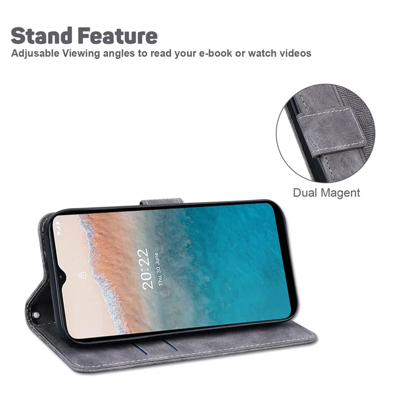 For Nokia C22 Imprinted Geometry Pattern PU Leather Stand Wallet Case Anti-Scratch Phone Cover - Grey