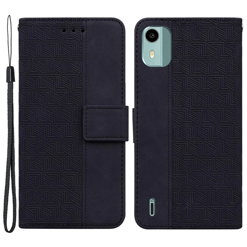 Für Nokia C12 4G / C12 Plus / C12 Pro Geometrie geprägte PU-Ledertasche Flip Stand Wallet Cover - Schwarz