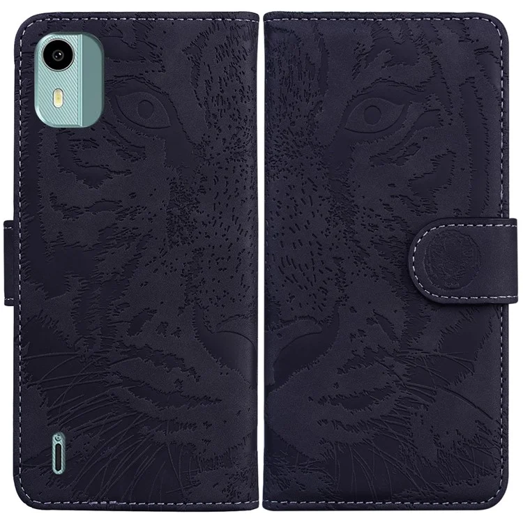 Para Nokia C12 4G / C12 Pro / C12 Plus Tiger Imprinted PU Leather Case Anti-fall Phone Wallet Stand Shell - Negro