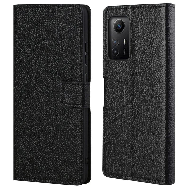 For Xiaomi Redmi Note 12S 4G Litchi Texture Cellphone Cover Phone Wallet Book Stand Phone Case - Black
