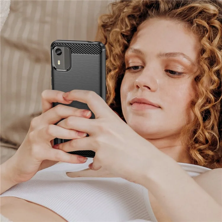 Carbon Fiber Texture Phone Cover for Nokia C12 4G / C12 Pro / C12 Plus Phone Case Phone TPU Brushed Shell - Black