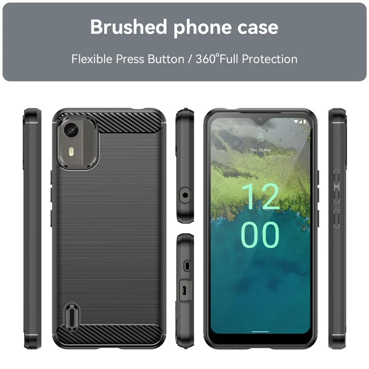 Carbon Fiber Texture Phone Cover for Nokia C12 4G / C12 Pro / C12 Plus Phone Case Phone TPU Brushed Shell - Black