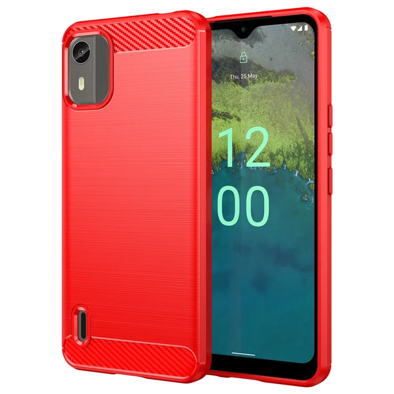 Carbon Fiber Texture Phone Cover for Nokia C12 4G / C12 Pro / C12 Plus Phone Case Phone TPU Brushed Shell - Red