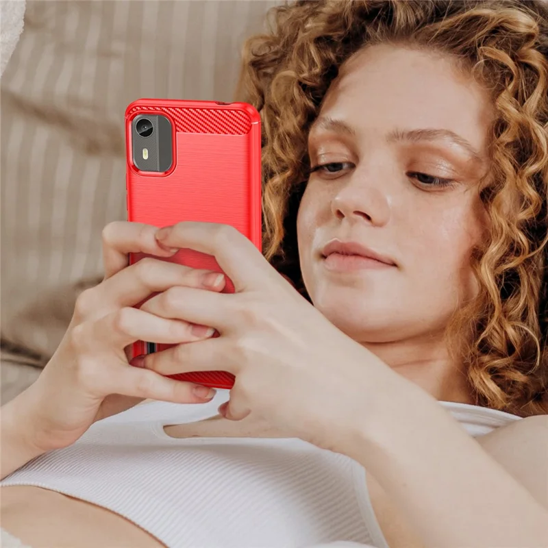 Carbon Fiber Texture Phone Cover for Nokia C12 4G / C12 Pro / C12 Plus Phone Case Phone TPU Brushed Shell - Red