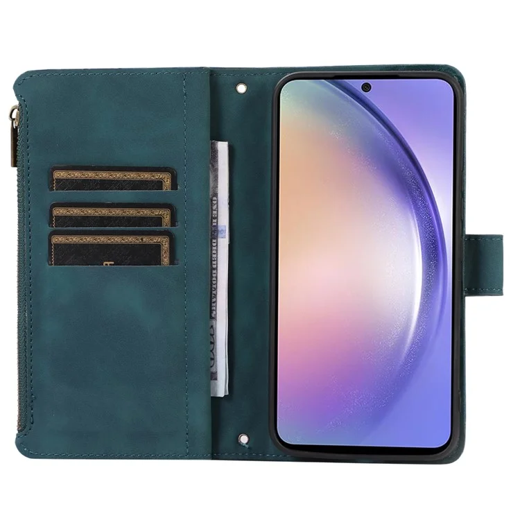 Для Samsung Galaxy A34 5G PU кожаный чехол с 9 слотами для карт, молнией и карманом, ромбовидным тиснением, подставкой - зеленый