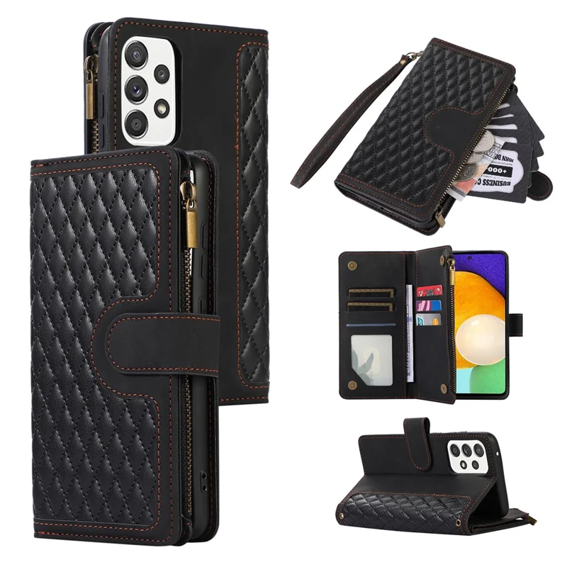Para Samsung Galaxy A52 4G / A52 5G / A52s 5G Zipper Pocket Leather Wallet Phone Case Rhombus Imprinted Stand Cover with 9 Card Slots - Preto