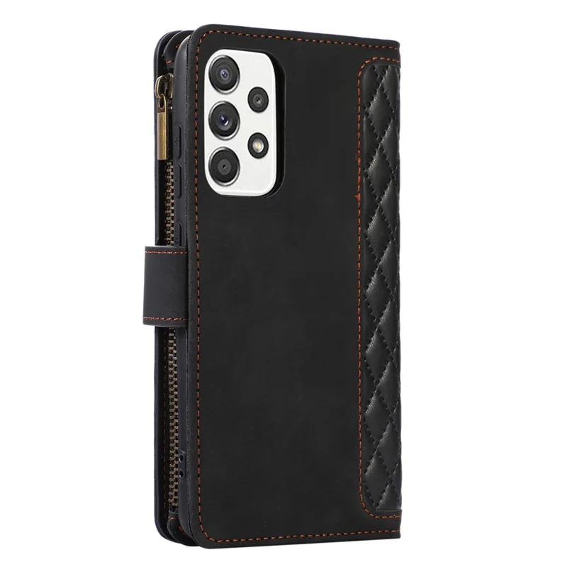 Para Samsung Galaxy A52 4G / A52 5G / A52s 5G Zipper Pocket Leather Wallet Phone Case Rhombus Imprinted Stand Cover with 9 Card Slots - Preto