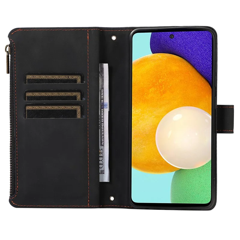 Para Samsung Galaxy A52 4G / A52 5G / A52s 5G Zipper Pocket Leather Wallet Phone Case Rhombus Imprinted Stand Cover with 9 Card Slots - Preto