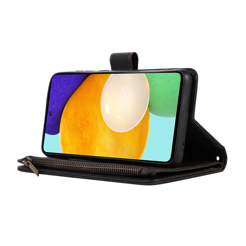 Para Samsung Galaxy A52 4G / A52 5G / A52s 5G Zipper Pocket Leather Wallet Phone Case Rhombus Imprinted Stand Cover with 9 Card Slots - Preto