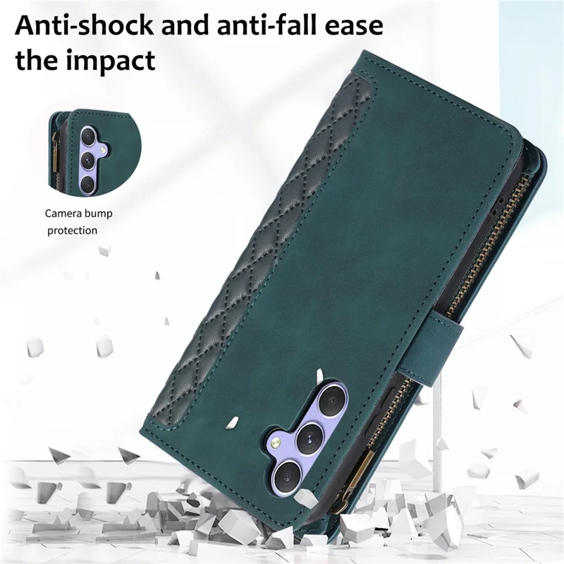 For Samsung Galaxy A54 5G Zipper Pocket 9 Card Slots Leather Phone Case Rhombus Imprint Wallet Stand Cover - Green