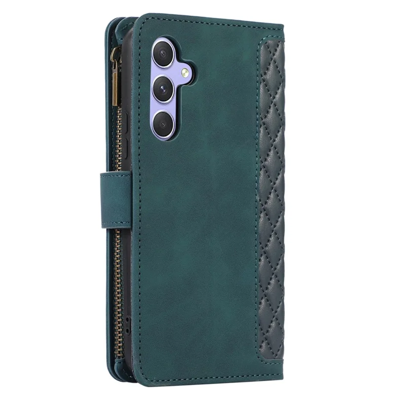 For Samsung Galaxy A54 5G Zipper Pocket 9 Card Slots Leather Phone Case Rhombus Imprint Wallet Stand Cover - Green