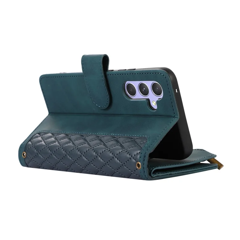 For Samsung Galaxy A54 5G Zipper Pocket 9 Card Slots Leather Phone Case Rhombus Imprint Wallet Stand Cover - Green