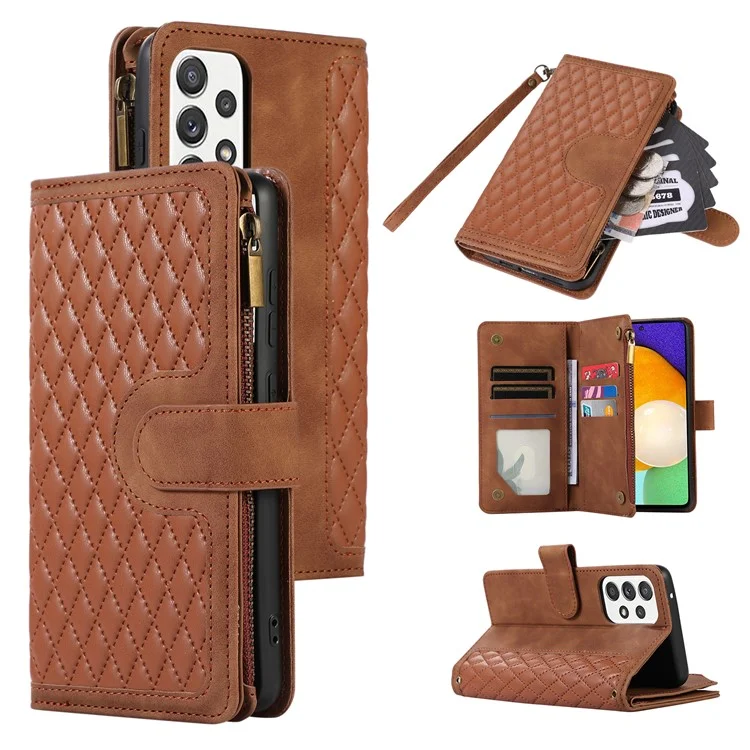 For Samsung Galaxy A13 5G / A13 4G PU Leather Zipper Pocket Wallet Shell 9 Card Slots Rhombus Imprint Stand Phone Case - Brown