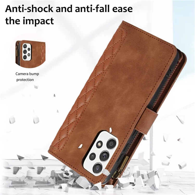 For Samsung Galaxy A13 5G / A13 4G PU Leather Zipper Pocket Wallet Shell 9 Card Slots Rhombus Imprint Stand Phone Case - Brown