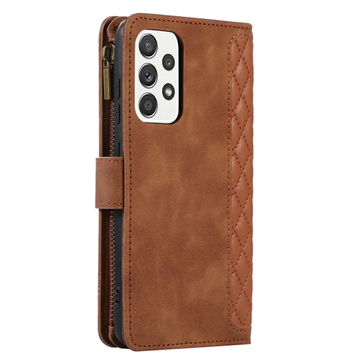 For Samsung Galaxy A13 5G / A13 4G PU Leather Zipper Pocket Wallet Shell 9 Card Slots Rhombus Imprint Stand Phone Case - Brown
