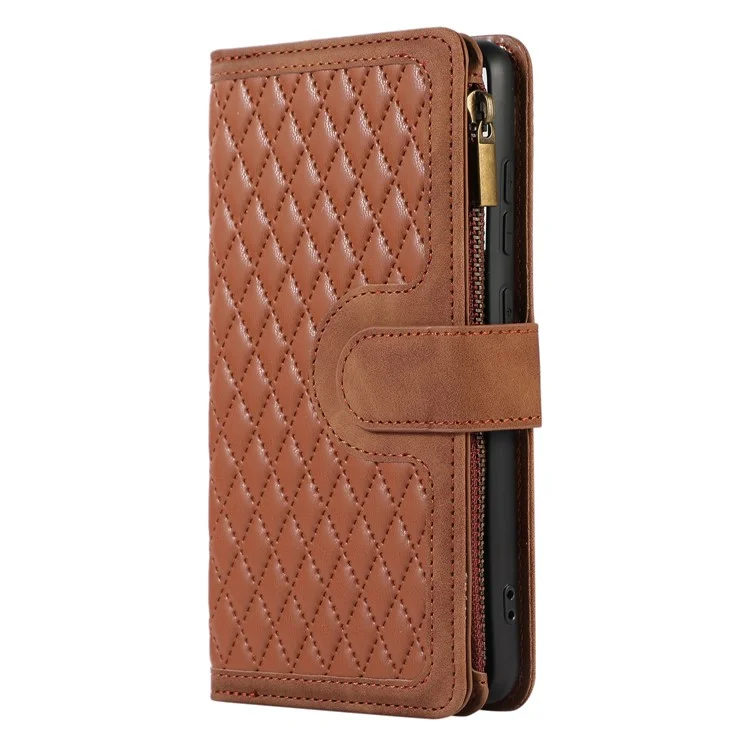 For Samsung Galaxy A13 5G / A13 4G PU Leather Zipper Pocket Wallet Shell 9 Card Slots Rhombus Imprint Stand Phone Case - Brown