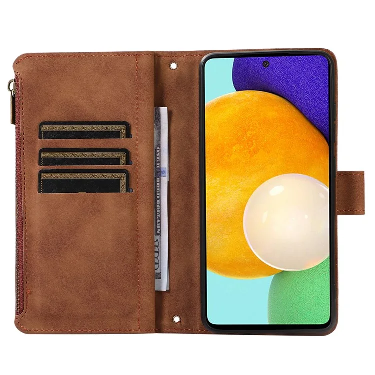 For Samsung Galaxy A13 5G / A13 4G PU Leather Zipper Pocket Wallet Shell 9 Card Slots Rhombus Imprint Stand Phone Case - Brown