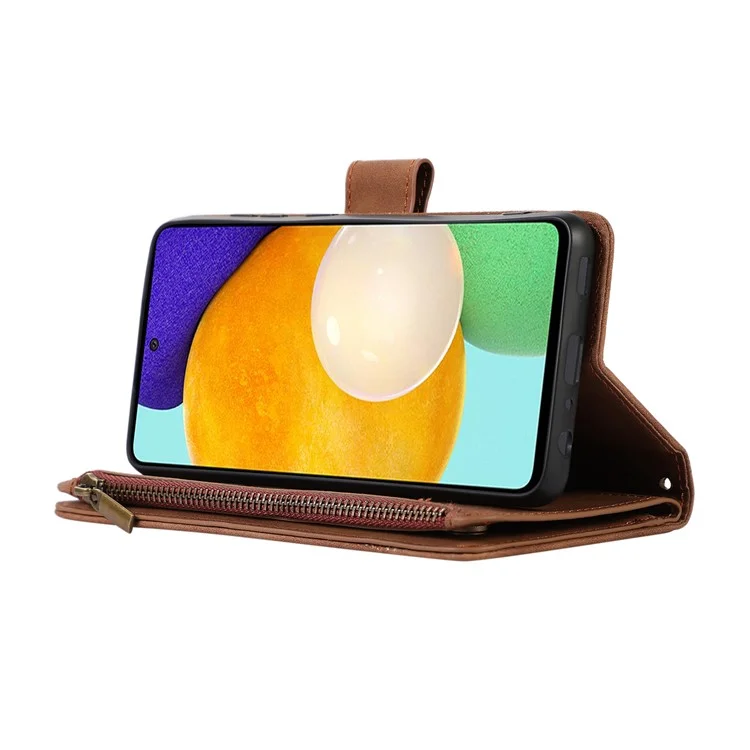 For Samsung Galaxy A13 5G / A13 4G PU Leather Zipper Pocket Wallet Shell 9 Card Slots Rhombus Imprint Stand Phone Case - Brown