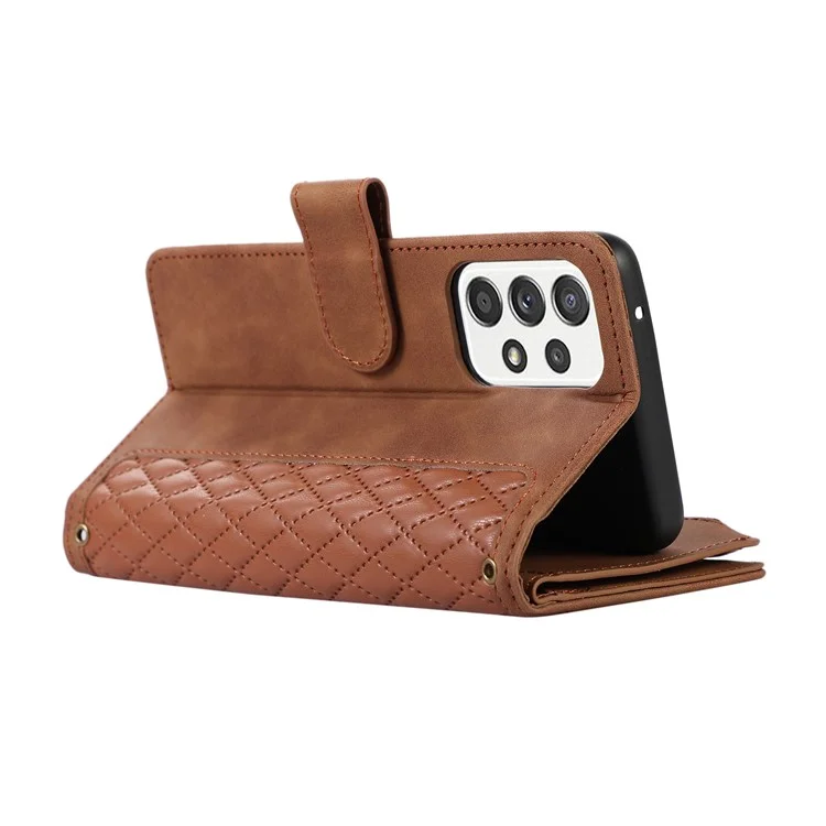 For Samsung Galaxy A13 5G / A13 4G PU Leather Zipper Pocket Wallet Shell 9 Card Slots Rhombus Imprint Stand Phone Case - Brown