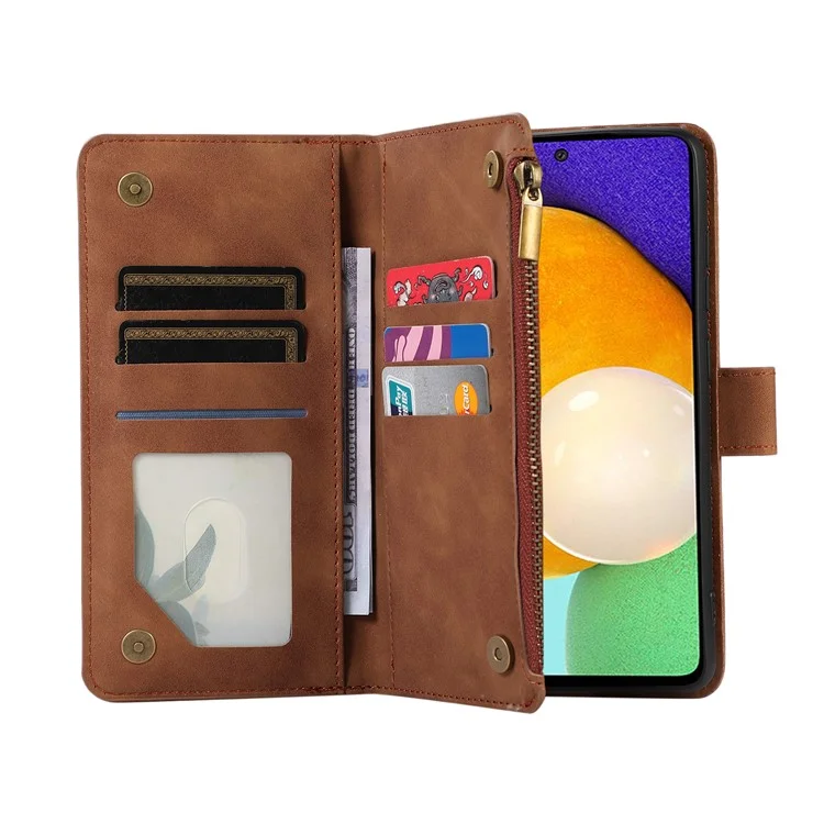 For Samsung Galaxy A13 5G / A13 4G PU Leather Zipper Pocket Wallet Shell 9 Card Slots Rhombus Imprint Stand Phone Case - Brown